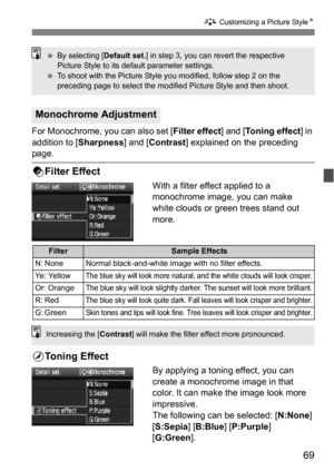 Page 6969
A Customizing a Picture Style N
For Monochrome, you can also set [ Filter effect] and [Toning effect ] in 
addition to [ Sharpness] and [Contrast ] explained on the preceding 
page.
kFilter Effect
With a filter effect applied to a 
monochrome image, you can make 
white clouds or green trees stand out 
more. 
lToning Effect
By applying a toning effect, you can 
create a monochrome image in that 
color. It can make the image look more 
impressive.
The following can be selected: [ N:None] 
[S:Sepia ]...