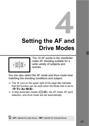 Page 8787
4
Setting the AF andDrive Modes
The 19 AF points in the viewfinder 
make AF shooting suitable for a 
wide variety of subjects and 
scenes.
You can also select the AF mode and drive mode best 
matching the shooting conditions and subject.
 The  M icon on the upper right of the page title indicates 
that the function can be used when the Mode Dial is set to 
< d /s /f /a/F>.
 In fully-automatic modes ( 1/C ), the AF mode, AF point 
selection, and drive mode are set automatically.
< AF > stands for...