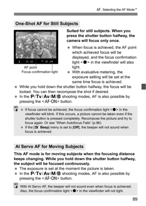 Page 8989
f: Selecting the AF Mode N
Suited for still subjects. When you 
press the shutter button halfway, the 
camera will focus only once.
When focus is achieved, the AF point 
which achieved focus will be 
displayed, and the  focus confirmation 
light < o> in the viewfinder will also 
light.
 With evaluative metering, the 
exposure setting will be set at the 
same time focus is achieved.
 While you hold down the shutter button halfway, the focus will be 
locked. You can then recompose the shot if...