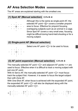 Page 9393
The AF areas are explained starting with the smallest one.Although this is the same as single-point AF, the 
selected AF point  covers a smaller pinpoint 
area to focus. Effective for pinpoint focusing 
overlapping subjects such as an animal in a cage.
Since Spot AF covers a very small area, focusing 
might be difficult during hand-held shooting or for a 
moving subject. 
Select one AF point  to be used to focus.
The manually-selected AF point < S> and adjacent AF points  are 
used to focus. Effective...