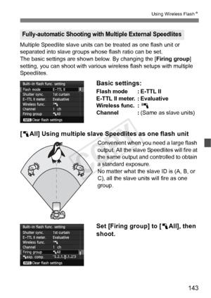 Page 143143
Using Wireless FlashN
Multiple Speedlite slave units can be treated as one flash unit or 
separated into slave groups whose flash ratio can be set.
The basic settings are shown below. By changing the [ Firing group] 
setting, you can shoot with various wir eless flash setups with multiple 
Speedlites.
Basic settings:
Flash mode : E-TTL II
E-TTL II meter. : Evaluative
Wireless func. : 0
Channel : (Same as slave units)
[1 All] Using multiple slave Speedlites as one flash unit
Convenient when you need a...