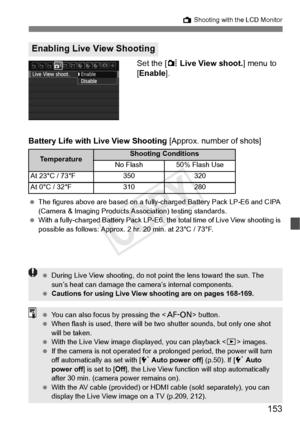 Page 153153
A Shooting with the LCD Monitor
Set the [z  Live View shoot.] menu to 
[Enable ].
Battery Life with Live View Shooting  [Approx. number of shots]
 The figures above are based on a fully- charged Battery Pack LP-E6 and CIPA 
(Camera & Imaging Products As sociation) testing standards.
  With a fully-charged Battery  Pack LP-E6, the total time of Live View shooting is 
possible as follows: Approx. 2  hr. 20 min. at 23°C / 73°F.
Enabling Live View Shooting
Te m p e r a t u r eShooting Conditions
No Flash...