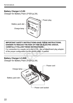 Page 2222
Nomenclature
Battery Charger LC-E6
Charger for Battery Pack LP-E6 (p.24).
Battery Charger LC-E6E
Charger for Battery Pack LP-E6 (p.24).
Battery pack slot
Charge lamp
Power plug
IMPORTANT SAFETY INSTRUCTIO NS-SAVE THESE INSTRUCTIONS.
DANGER-TO REDUCE THE RISK OF FIRE OR ELECTRIC SHOCK, 
CAREFULLY FOLLOW THESE INSTRUCTIONS.
For connection to a supply  not in the U.S.A., use an attachment plug adapter 
of the proper configu ration for the power outlet, if needed.
Power cord 
Power cord socket
Battery...