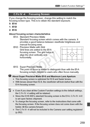 Page 259259
3 Custom Function Settings N
C.Fn IV -4     Focusing Screen
If you change the focusing screen, ch ange this setting to match the 
focusing screen type. This is  to obtain the standard exposure.
0: Ef-A
1: Ef-D
2: Ef-S
About focusing scr een characteristics
Ef-A: Standard Precision Matte Standard focusing screen which comes with the camera. It 
provides a good balance between  viewfinder brightness and 
manual focusing ease.
Ef-D: Precision Matte with Grid Grid lines are added to the Ef-A 
focusing...