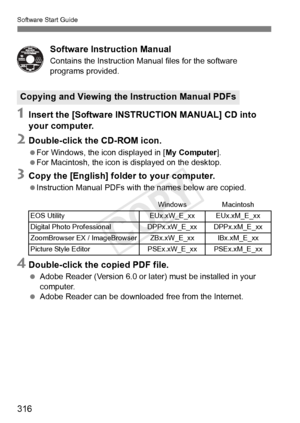 Page 316316
Software Start Guide
Software Instruction Manual
Contains the Instruction Manual files for the software 
programs provided.
1Insert the [Software INSTRUCTION MANUAL] CD into 
your computer.
2Double-click the CD-ROM icon.
 For Windows, the icon displayed in [ My Computer].
 For Macintosh, the icon is displayed on the desktop.
3Copy the [English] folder to your computer.
 Instruction Manual PDFs with  the names below are copied.
4Double-click the copied PDF file.
 Adobe Reader (Version 6.0 or later)...