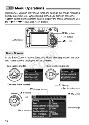 Page 4646
With menus, you can set various functions such as the image-recording 
quality, date/time, etc. While looking at the LCD monitor, press the 
 button on the camera back to display the menu screen and use 
the   keys and  button.
3 Menu Operations
 
Ta b
Menu items
Menu settings
1 Shooting
LCD monitor
5 Set-up
9 My Menu
 button
3 Playback
In the Basic Zone, Creative Zone,  and Movie shooting modes, the tabs 
and menu options displayed will be different.
Menu Screen
Basic Zone modes Movie shooting mode...