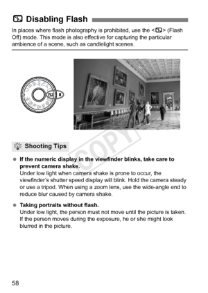 Page 5858
In places where flash photography is prohibited, use the  (Flash 
Off) mode. This mode is also effective for capturing the particular 
ambience of a scene, such as candlelight scenes.
  If the numeric display in the vi ewfinder blinks, take care to 
prevent camera shake.
Under low light when camera shake is prone to occur, the 
viewfinder’s shutter speed display will blink. Hold the camera steady 
or use a tripod. When using a zoom  lens, use the wide-angle end to 
reduce blur caused by camera shake....