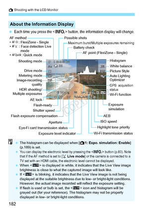 Page 182A Shooting with the LCD Monitor
182
 Each time you press the  button, the information display will change.
About the Information Display
Exposure level indicator
Shutter speed Battery check
Exposure 
simulation
Drive mode
White balance
Flash exposure compensation
AF method
• d : FlexiZone - Single
• c : Face detection Live 
mode
• f : Quick mode AF point (FlexiZone - Single)
AEB
Highlight tone priority
Image-recordingquality
AE lock Flash-ready Picture Style
GPS  acquisition 
status
Possible shots...