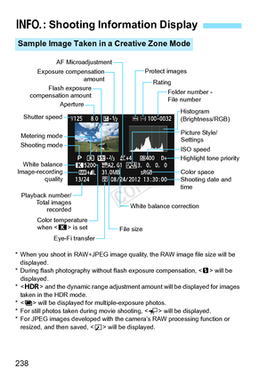 Page 238238
* When you shoot in RAW+JPEG image quality, the RAW image file size will be 
displayed.
* During flash photography without  flash exposure compensation,  will be 
displayed.
*< w> and the dynamic range adjustment am ount will be displayed for images 
taken in the HDR mode.
*< P > will be displayed for  multiple-exposure photos.
* For still photos taken  during movie shooting, < G> will be displayed.
* For JPEG images developed with the  camera’s RAW processing function or 
resized, and then saved,...