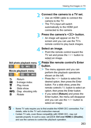 Page 263263
Viewing the Images on TV
2Connect the camera to a TV set.
 Use an HDMI cable to connect the 
camera to the TV.
XThe TV’s input will switch 
automatically to the HDMI port 
connected to the camera.
3Press the camera’s < x> button.
XAn image will appear on the TV 
screen and you can use the TV’s 
remote control to play back images.
4Select an image.
 Point the remote control toward the 
TV set and press the /  button to 
select an image.
5Press the remote control’s Enter 
button.
XThe menu appears...