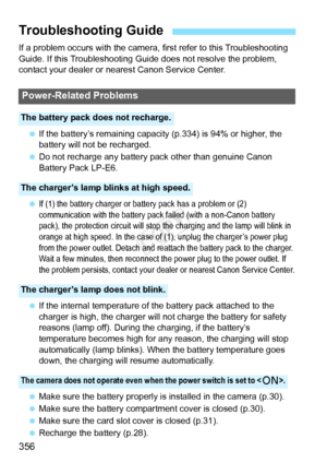 Page 356356
If a problem occurs with the camera, first refer to this Troubleshooting 
Guide. If this Troubleshooting Guide does not resolve the problem, 
contact your dealer or nearest Canon Service Center.  If the battery’s remaining capacity (p.334) is 94% or higher, the 
battery will not be recharged.
  Do not recharge any battery pa ck other than genuine Canon 
Battery Pack LP-E6.
 
If (1) the battery charger or ba ttery pack has a problem or (2) 
communication with the battery pack  failed (with a non-Canon...