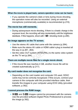 Page 367367
Troubleshooting Guide
 If you operate the camera’s dials  or lens during movie shooting, 
the operation noise will also be recorded. Using an external 
microphone (commercially available) is recommended (p.219).
 
During autoexposure movie shooting, if there is a drastic change in the 
exposure level, the recording will st op momentarily until the brightness 
stabilizes. If this h appens, shoot with <
a> shooting mode (p.208).
 Use the stereo AV cable that came with the camera (p.264).
  Make sure...