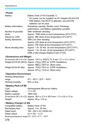 Page 378Specifications
378
•PowerBattery:Battery Pack LP-E6 (Quantity 1)
* AC power can be supplied  via AC Adapter Kit ACK-E6.
* With Battery Grip BG-E13 attached, size-AA/LR6  batteries can be used.
Battery information: Remaining ca pacity, Shutter count, Recharge 
performance, an d Battery registration possible
Number of possible With viewfinder shooting:
shots: Approx. 1090 shots at room temperature (23°C/73°F),
(Based on CIPA approx. 980 shots  at low temperature (0°C/32°F)
testing standards) With Live View...