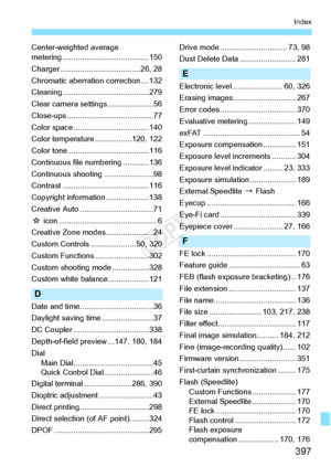 Page 397397
Index
Center-weighted average 
metering ........................................150
Charger .................... .................26, 28
Chromatic aberration  correction....132
Cleaning ............... .........................279
Clear camera setti ngs .....................56
Close-ups ............. ...........................77
Color space ...................................140
Color temperature .................120, 122
Color tone ............ .........................116
Continuous file nu...