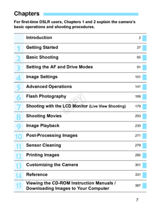 Page 77
For first-time DSLR users, Chapters 1 and 2 explain the camera’s 
basic operations and shooting procedures.
Chapters
Introduction2
Getting Started27
Basic Shooting65
Setting the AF and Drive Modes91
Image Settings101
Advanced Operations141
Flash Photography169
Shooting with the LCD Monitor (Live View Shooting)179
Shooting Movies203
Image Playback235
Post-Processing Images271
Sensor Cleaning279
Printing Images285
Customizing the Camera301
Reference331
Viewing the CD-ROM Instruction Manuals /...