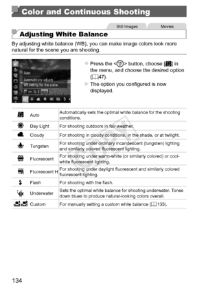 Page 134134
Color and Continuous Shooting
Still	ImagesMovies
Adjusting White Balance
By	adjusting	white	balance	(WB),	you	can	make	image	colors	look	more	natural	for	the	scene	you	are	shooting.
zzPress	the		button,	choose	[]	in	the	menu,	and	choose	the	desired	option	(=		47).
XXThe	option	you	configured	is	now	displayed.
AutoAutomatically	sets	the	optimal	white	balance	for	the	shooting	conditions.
Day	Light For	shooting	outdoors	in	fair	weather.
Cloudy For	shooting	in	cloudy	conditions,	in	the	shade,	or	at...