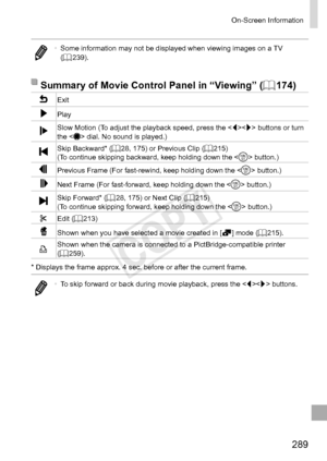 Page 289289
On-Screen	Information
•	Some	information	may	not	be	displayed	when	viewing	images	on	a	TV	(=		239).
Summary	of	Movie	Control	Panel	in	“Viewing”	(=		174)
Exit
Play
Slow	Motion	(To	adjust	the	playback	speed,	press	the	< q>	buttons	or	turn	the		dial.	No	sound	is	played.)
Skip	Backward*	(=		28,	175)	or	Previous	Clip	(=		215)
(To	continue	skipping	backward,	keep	holding	down	the	< m>	button.)
Previous	Frame	(For	fast-rewind,	keep	holding	down	the		button.)
Next	Frame	(For	fast-forward,	keep	holding	down...