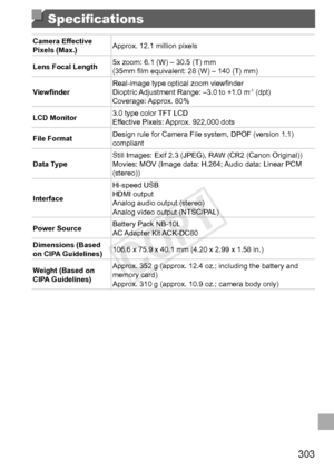 Page 303303
Specifications
Camera	Effective	Pixels	(Max.)Approx.	12.1	million	pixels
Lens
	Focal	Length 5x	zoom:	6.1	(W)	–	30.5	(T)	mm
(35mm	film	equivalent:	28	(W)	–	140	(T)	mm)
Viewfinder Real-image
	type	optical	zoom	viewfinder
Dioptric	Adjustment	Range:	–3.0	to	+1.0	m‑1	(dpt)
Coverage:	Approx.	80%
LCD
	Monitor 3.0	type	color	TFT	LCD
Effective	Pixels:	Approx.	922,000	dots
File
	Format Design	rule	for	Camera	File	system,	DPOF	(version	1.1)	compliant
Data
	Type Still	Images:	Exif	2.3	(JPEG),	RAW	(CR2	(Canon...