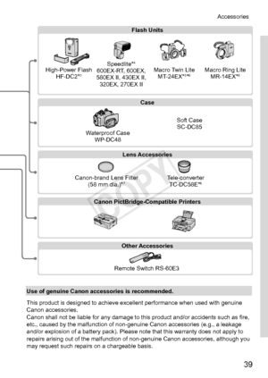 Page 3939
AccessoriesAccessories
Soft	Case
SC-DC85
Neck	Strap NS-DC11 Battery	Pack
NB-10L*1(with	terminal	cover) Battery	Charger
CB-2LC/CB-2LCE*1DIGITAL 	
CAMERA 	
Solution	Disk
USB	Cable	(camera	end:	Mini-B)*
2
Memory	Card Card	Reader Windows/	
Macintosh		 Computer
TV/Video	 System
AC	
Adapter	Kit
ACK-DC80
Included	
Accessories
Power Cables
HDMI	Cable	HTC-100
Stereo	 AV	Cable	 AVC-DC400ST
Flash	Units
Lens
	Accessories
Canon
	PictBridge-Compatible	Printers
Speedlite*
4600EX-RT,	600EX,	580EX	II,	430EX	II,	320EX,...