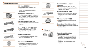 Page 162162
1
2
3
4
5
6
7
8
9
10
Cover 
Before Use
Common Camera 
Operations
Advanced Guide
Camera Basics
Auto Mode / 
Hybrid Auto Mode
Other Shooting 
Modes
Tv, Av, M, C1, 
and C2 Mode
Playback Mode
Wi-Fi Functions
Setting Menu
Accessories
Appendix
Index
Basic Guide
P Mode
Other Accessories
Soft Case SC-DC85zzProtects the camera from dust and 
scratches.  
Handle with care to prevent leather 
discoloration.
Waterproof Case WP-DC52zzFor underwater photography at depths of 
up to 40 meters (130 ft.). Also useful...