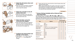 Page 172172
1
2
3
4
5
6
7
8
9
10
Cover 
Before Use
Common Camera 
Operations
Advanced Guide
Camera Basics
Auto Mode / 
Hybrid Auto Mode
Other Shooting 
Modes
Tv, Av, M, C1, 
and C2 Mode
Playback Mode
Wi-Fi Functions
Setting Menu
Accessories
Appendix
Index
Basic Guide
P Mode
4 Attach the off-camera shoe cord 
to the camera.
zzAttach the camera connection component 
of the off-camera shoe cord to the hot 
shoe on top of the camera.
5 Attach the controller to the off-
camera shoe cord.
zzAttach the controller for...