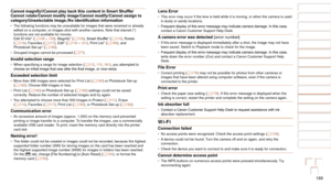 Page 189189
1
2
3
4
5
6
7
8
9
10
Cover 
Before Use
Common Camera 
Operations
Advanced Guide
Camera Basics
Auto Mode / 
Hybrid Auto Mode
Other Shooting 
Modes
Tv, Av, M, C1, 
and C2 Mode
Playback Mode
Wi-Fi Functions
Setting Menu
Accessories
Appendix
Index
Basic Guide
P Mode
Cannot	magnify!/Cannot	play	back	this	content	in	Smart	Shuffle/
Cannot rotate/Cannot modify image/Cannot modify/Cannot assign to 
category/Unselectable
	image./No	identification	information
•	 The following functions may be unavailable for...