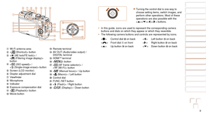 Page 44
1
2
3
4
5
6
7
8
9
10
Cover 
Before Use
Common Camera 
Operations
Advanced Guide
Camera Basics
Auto Mode / 
Hybrid Auto Mode
Other Shooting 
Modes
Tv, Av, M, C1, 
and C2 Mode
Playback Mode
Wi-Fi Functions
Setting Menu
Accessories
Appendix
Index
Basic Guide
P Mode Wi-Fi antenna area < (Shortcut)> button  /  
< (Filtering image display)> 
button
 < (ISO speed)> /  
 button
 Screen (LCD monitor) Diopter adjustment dial	 Viewfinder Microphone Indicator Exposure compensation dial  button Movie button
 Remote...