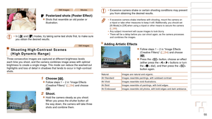 Page 5555
1
2
3
4
5
6
7
8
9
10
Cover 
Before Use
Common Camera 
Operations
Advanced Guide
Camera Basics
Auto Mode / 
Hybrid Auto Mode
Other Shooting 
Modes
Tv, Av, M, C1, 
and C2 Mode
Playback Mode
Wi-Fi Functions
Setting Menu
Accessories
Appendix
Index
Basic Guide
P Mode
Still ImagesMovies
 Posterized shots (Poster Effect)
zzShots that resemble an old poster or 
illustration.
•	 In [
] and []	modes,	try	taking	some	test	shots	first,	to	make	sure	you obtain the desired results.
Still Images
Shooting...