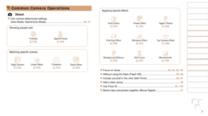 Page 77
1
2
3
4
5
6
7
8
9
10
Cover 
Before Use
Common Camera 
Operations
Advanced Guide
Camera Basics
Auto Mode / 
Hybrid Auto Mode
Other Shooting 
Modes
Tv, Av, M, C1, 
and C2 Mode
Playback Mode
Wi-Fi Functions
Setting Menu
Accessories
Appendix
Index
Basic Guide
P Mode
Common Camera Operations
 4 Shoot
zzUse camera-determined settings  
(Auto Mode, Hybrid Auto Mode) ..................................................... 29, 31
Shooting people well
IPortraits (=  52)
PAgainst Snow (=  52)
Matching	specific...