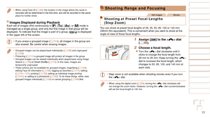 Page 7777
1
2
3
4
5
6
7
8
9
10
Cover 
Before Use
Common Camera 
Operations
Advanced Guide
Camera Basics
Auto Mode / 
Hybrid Auto Mode
Other Shooting 
Modes
Tv, Av, M, C1, 
and C2 Mode
Playback Mode
Wi-Fi Functions
Setting Menu
Accessories
Appendix
Index
Basic Guide
P Mode
•	 When using Face ID (=  39), the location in the image where the name is 
recorded	will	be	determined	in	the	first	shot,	and	will	be	recorded	in	the	same	place for further shots.
Images Displayed during PlaybackEach set of images shot...