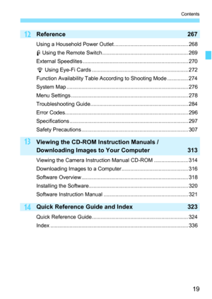 Page 19
19
Contents
13
14
12Reference 267
Using a Household Power Outlet .................................................. 268
F Using the Remote Switch.......................................................... 269
External Speedlites ....................................................................... 270
H  Using Eye-Fi Cards ................................................................. 272
Function Availability Table According to Shooting Mode .............. 274
System Map...