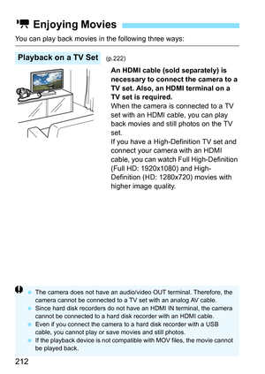 Page 212212
You can play back movies in the following three ways:
An HDMI cable (sold separately) is 
necessary to connect the camera to a 
TV set. Also, an HDMI terminal on a 
TV set is required.
When the camera is connected to a TV 
set with an HDMI cable, you can play 
back movies and still photos on the TV 
set.
If you have a High-Definition TV set and 
connect your camera with an HDMI 
cable, you can watch Full High-Definition 
(Full HD: 1920x1080) and High-
Definition (HD: 1280x720) movies with 
higher...