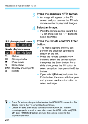 Page 224Playback on a High-Definition TV set
224
3Press the camera’s  button.
XAn image will appear on the TV 
screen and you can use the TV set’s 
remote control to play back images.
4Select an image.
 Point the remote control toward the 
TV set and press the / button to 
select an image.
5Press the remote control’s Enter 
button.
XThe menu appears and you can 
perform the playback operations 
shown on the left.
 Press the remote control’s / 
button to select the desired option, 
then press the Enter...