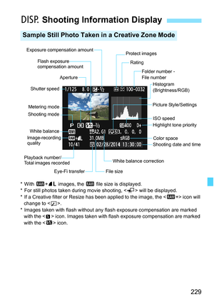 Page 229229
*With 1+73 images, the 1 file size is displayed.
* For still photos taken during movie shooting,  will be displayed.
* If a Creative filter or Resize has been applied to the image, the  icon will 
change to .
* Images taken with flash without any flash exposure compensation are marked 
with the < > icon. Images taken with flash exposure compensation are marked 
with the  icon.
B Shooting Information Display
Sample Still Photo Taken in a Creative Zone Mode
Flash exposure 
compensation amount
Metering...