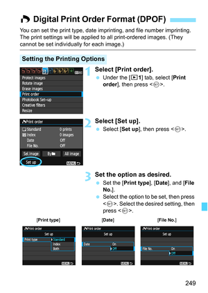 Page 249249
You can set the print type, date imprinting, and file number imprinting. 
The print settings will be applied to all print-ordered images. (They 
cannot be set individually for each image.)
1Select [Print order].
 Under the [x1] tab, select [Print 
order], then press .
2Select [Set up].
 Select [Set up], then press .
3Set the option as desired.
 Set the [Print type], [Date], and [File 
No.].
 Select the option to be set, then press 
. Select the desired setting, then 
press .
W Digital Print Order...