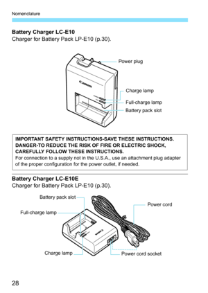 Page 28Nomenclature
28
Battery Charger LC-E10
Charger for Battery Pack LP-E10 (p.30).
Battery Charger LC-E10E
Charger for Battery Pack LP-E10 (p.30).
Power plug
Charge lamp
Full-charge lamp
IMPORTANT SAFETY INSTRUCTIONS-SAVE THESE INSTRUCTIONS.
DANGER-TO REDUCE THE RISK OF FIRE OR ELECTRIC SHOCK, 
CAREFULLY FOLLOW THESE INSTRUCTIONS.
For connection to a supply not in the U.S.A., use an attachment plug adapter 
of the proper configuration for the power outlet, if needed.
Power cord 
Power cord socket
Battery...