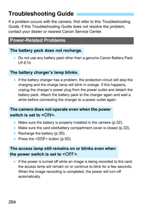 Page 284284
If a problem occurs with the camera, first refer to this Troubleshooting 
Guide. If this Troubleshooting Guide does not resolve the problem, 
contact your dealer or nearest Canon Service Center.
 Do not use any battery pack other than a genuine Canon Battery Pack 
LP-E10.
 If the battery charger has a problem, the protection circuit will stop the 
charging and the charge lamp will blink in orange. If this happens, 
unplug the charger’s power plug from the power outlet and detach the 
battery pack....