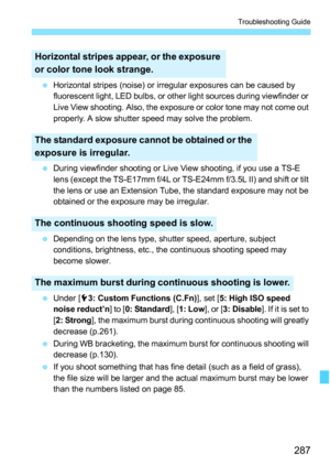 Page 287287
Troubleshooting Guide
 Horizontal stripes (noise) or irregular exposures can be caused by 
fluorescent light, LED bulbs, or other light sources during viewfinder or 
Live View shooting. Also, the exposure or color tone may not come out 
properly. A slow shutter speed may solve the problem.
 During viewfinder shooting or Live View shooting, if you use a TS-E 
lens (except the TS-E17mm f/4L or TS-E24mm f/3.5L II) and shift or tilt 
the lens or use an Extension Tube, the standard exposure may not be...