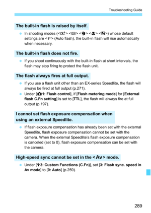 Page 289289
Troubleshooting Guide
 In shooting modes (    ) whose default 
settings are  (Auto flash), the built-in flash will rise automatically 
when necessary.
 If you shoot continuously with the built-in flash at short intervals, the 
flash may stop firing to protect the flash unit.
 If you use a flash unit other than an EX-series Speedlite, the flash will 
always be fired at full output (p.271).
 Under [z1: Flash control], if [Flash metering mode] for [External 
flash C.Fn setting] is set to [TTL], the...