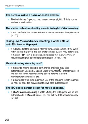 Page 290Troubleshooting Guide
290
 The built-in flash’s pop-up mechanism moves slightly. This is normal 
and not a malfunction.
 If you use flash, the shutter will make two sounds each time you shoot 
(p.135).
 It indicates that the camera’s internal temperature is high. If the white 
 icon is displayed, the still photo’s image quality may deteriorate. 
If the red  icon is displayed, it indicates that the Live View or 
movie shooting will soon stop automatically (p.151, 177).
 If the card’s writing speed is...