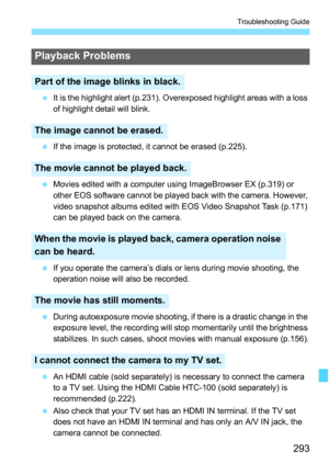 Page 293293
Troubleshooting Guide
 It is the highlight alert (p.231). Overexposed highlight areas with a loss 
of highlight detail will blink.
 If the image is protected, it cannot be erased (p.225).
 Movies edited with a computer using ImageBrowser EX (p.319) or 
other EOS software cannot be played back with the camera. However, 
video snapshot albums edited with EOS Video Snapshot Task (p.171) 
can be played back on the camera.
 If you operate the camera’s dials or lens during movie shooting, the 
operation...