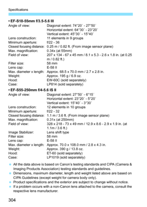 Page 304
Specifications
304
• EF-S18-55mm f/3.5-5.6 IIIAngle of view: Diagonal extent: 74°20´ - 27°50´Horizontal extent: 64°30´ - 23°20´
Vertical extent: 45°30´ - 15°40´
Lens construction: 11 elements in 9 groups
Minimum aperture: f/22 - 36
Closest focusing distance: 0.25 m / 0.82 ft. (From image sensor plane)
Max. magnification: 0.34x (at 55mm)
Field of view: 207 x 134 - 67 x 45 mm / 8.1 x 5.3 - 2.6 x 1.8 in. (at 0.25 
m / 0.82 ft.)
Filter size: 58 mm
Lens cap: E-58 II
Max. diameter x length: Approx. 68.5 x...