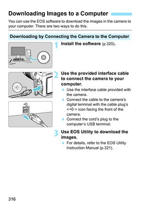 Page 316
316
You can use the EOS software to download the images in the camera to your computer. There are two ways to do this.
1Install the software (p.320).
2Use the provided interface cable 
to connect the camera to your 
computer.
 Use the interface cable provided with 
the camera.
  Connect the cable to the camera’s 
digital terminal with the cable plug’s 
 icon facing the front of the 
camera.
  Connect the cord’s plug to the 
computer’s USB terminal.
3Use EOS Utility to download the 
images.
 For details,...