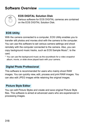 Page 318
318EOS DIGITAL Solution Disk
Various software for EOS DIGITAL cameras are contained 
on the EOS DIGITAL Solution Disk.
With the camera connected to a computer, EOS Utility enables you to 
transfer still photos and movies shot with the camera to the computer. 
You can use this software to set various camera settings and shoot 
remotely with the computer connected to the camera. Also, you can 
copy background music tracks, such  as EOS Sample Music*, to the 
card.
* You can use the background music as the...