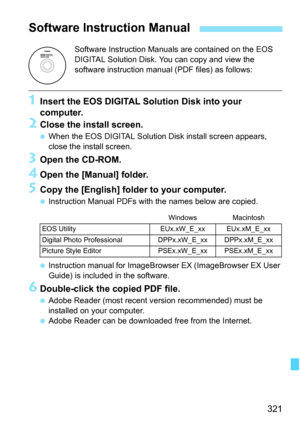 Page 321
321
Software Instruction Manuals are contained on the EOS 
DIGITAL Solution Disk. You can copy and view the 
software instruction manual (PDF files) as follows:
1Insert the EOS DIGITAL Solution Disk into your 
computer.
2Close the install screen.
 When the EOS DIGITAL Solution Disk install screen appears, 
close the install screen.
3Open the CD-ROM.
4Open the [Manual] folder.
5Copy the [English] folder to your computer.
 Instruction Manual PDFs with the names below are copied.
  Instruction manual for...