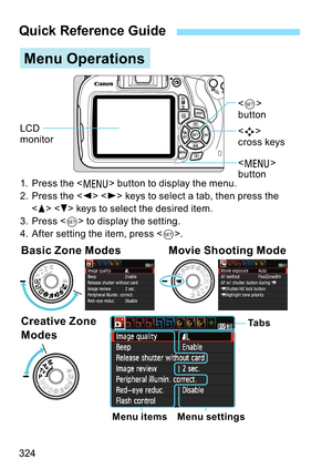 Page 324324
Quick Reference Guide
0HQX2SHUDWLRQV
%DVLF=RQH0RGHV 0RYLH6KRRWLQJ0RGH
&UHDWLYH=RQH
 0RGHV
0HQXLWHPV 0HQXVHWWLQJV7D E V  3UHVVWKH
!EXWWRQWRGLVSOD\WKHPHQX
 3UHVVWKH
!
!NH\VWRVHOHFWDWDEWKHQSUHVVWKH

!
!NH\VWRVHOHFWWKHGHVLUHGLWHP
 3UHVV
!WRGLVSOD\WKHVHWWLQJ
 $IWHUVHWWLQJWKHLWHPSUHVV
!

!
EXWWRQ /&
PRQLWRU
!
FURVVNH\V 
!
EXWWRQ 