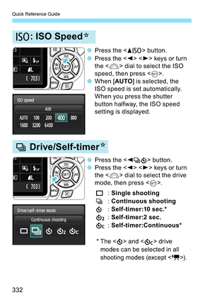 Page 332Quick Reference Guide
332
&,626SHHG

(ULYH6HOIWLPHU


53UHVVWKH

&!EXWWRQ

53UHVVWKH
!
!NH\VRUWXUQ
WKH

!GLDOWRVHOHFWWKH,62
VSHHGWKHQSUHVV
!

5:KHQ>$872@LVVHOHFWHGWKH
,62VSHHGLVVHWDXWRPDWLFDOO\
:KHQ\RXSUHVVWKHVKXWWHU
EXWWRQKDOI ZD\WKH,62VSHHG
VHWWLQJLVGLVSOD\HG

53UHVVWKH

()!EXWWRQ

53UHVVWKH
!
!NH\VRUWXUQ
WKH

!GLDOWRVHOHFWWKHGULYH
PRGHWKHQSUHVV
!
06LQJOHVKRRWLQJ
(&RQWLQXRXVVKRRWLQJ...