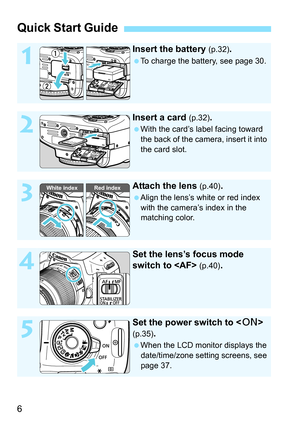 Page 66
Quick Start Guide
1
Insert the battery (p.32).
 To charge the battery, see page 30.
2
Insert a card (p.32).
 With the card’s label facing toward 
the back of the camera, insert it into 
the card slot.
3
Attach the lens (p.40).
 Align the lens’s white or red index 
with the camera’s index in the 
matching color.
4
Set the lens’s focus mode 
switch to  
(p.40).
5
Set the power switch to  
(p.35).
 When the LCD monitor displays the 
date/time/zone setting screens, see 
page 37.
White index Red index 