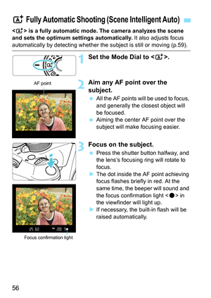 Page 5656
 is a fully automatic mode. The camera analyzes the scene 
and sets the optimum settings automatically. It also adjusts focus 
automatically by detecting whether the subject is still or moving (p.59).
1Set the Mode Dial to .
2Aim any AF point over the 
subject.
 All the AF points will be used to focus, 
and generally the closest object will 
be focused.
 Aiming the center AF point over the 
subject will make focusing easier.
3Focus on the subject.
 Press the shutter button halfway, and 
the lens’s...