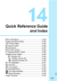 Page 323323
14
Quick Reference Guide
and Index
Menu Operations...............................................  p.324
Image-recording Quality ....................................  p.325
A Picture Style ..............................................  p.325
Q Quick Control ...............................................  p.326
Nomenclature ....................................................  p.327
Basic Zone modes ............................................  p.329
D Using the Built-in Flash...